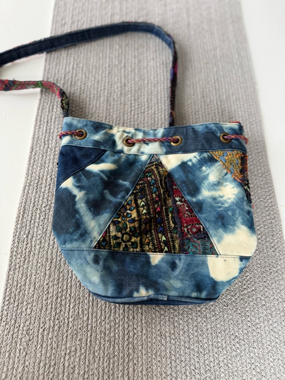 Earthbound Trading Co. Navy Blue Embroidered Fringe Tassel Bucket Bag Crossbody - Picture 3 of 11
